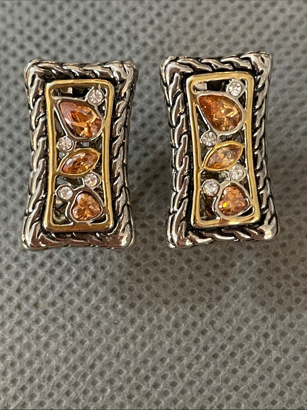 Two-Tone Silver & Gold Rectangular Lever Back Posts Earrings with Amber Stones